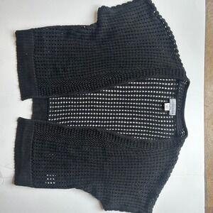 Sag Harbor Open Front Pointelle Knit Short Sleeve Cardigan Black Women Size L